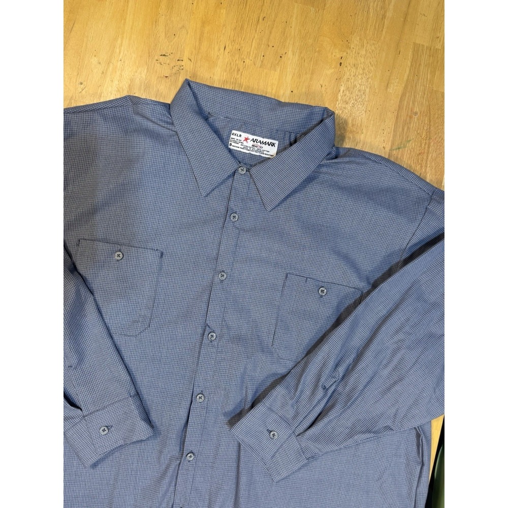 Aramark 4XLR Blue Micro Check Work Shirt Long Sleeve Uniform Button Front